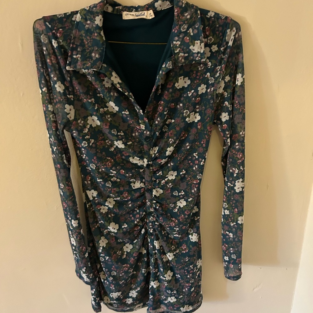 Teal/floral mini dress w/ long sleeves